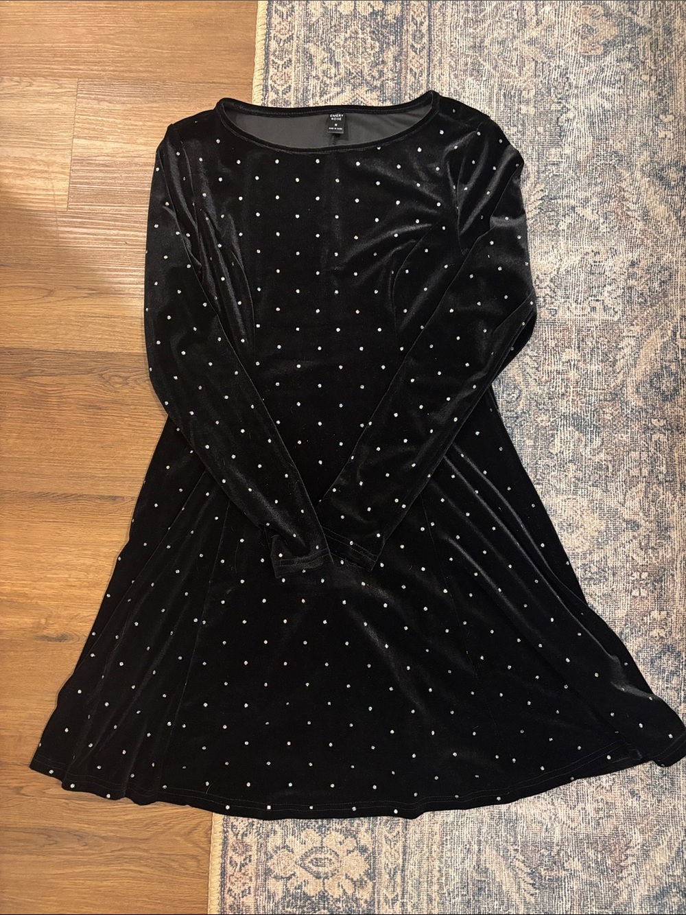 Black Velvet Long-Sleeve A-Line Dress with Sparkling Dot Accents